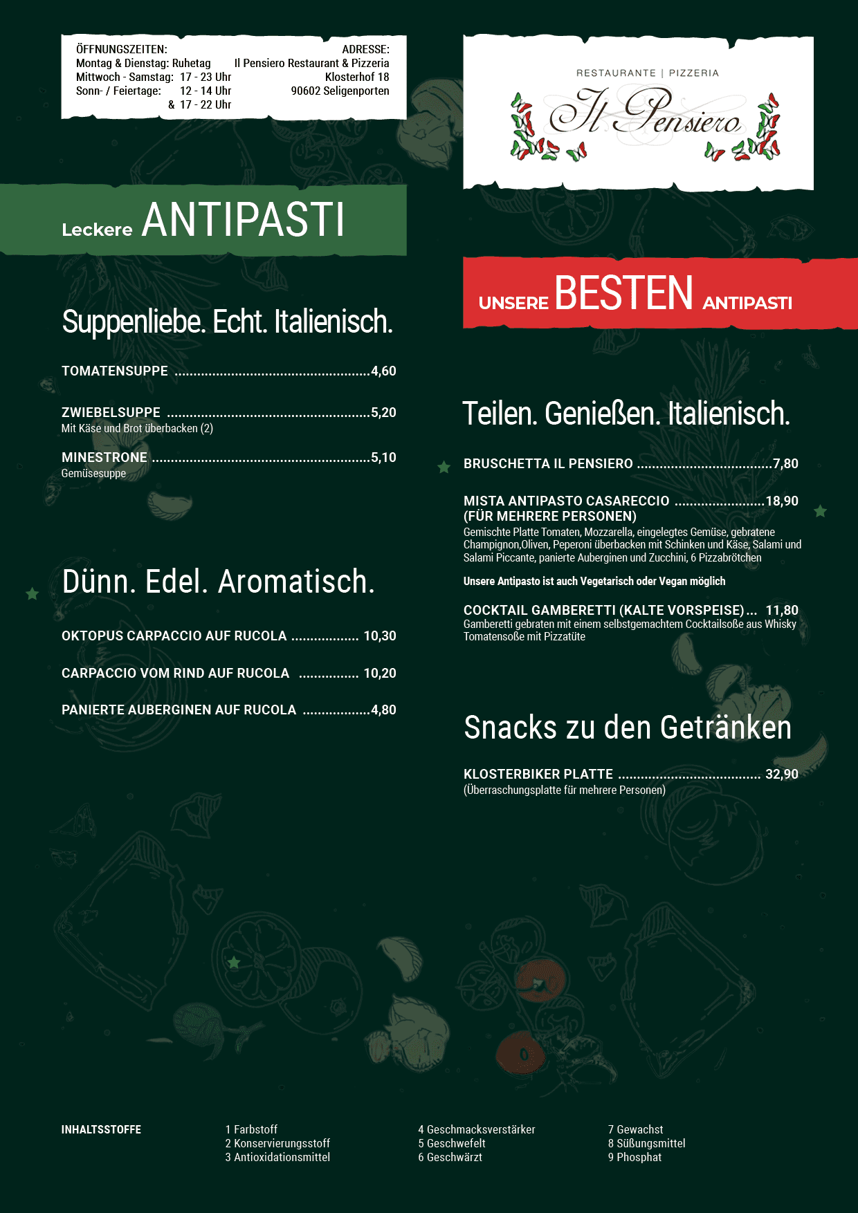 Restaurant und Pizzeria Il Pensiero Speisekarte Antipasti